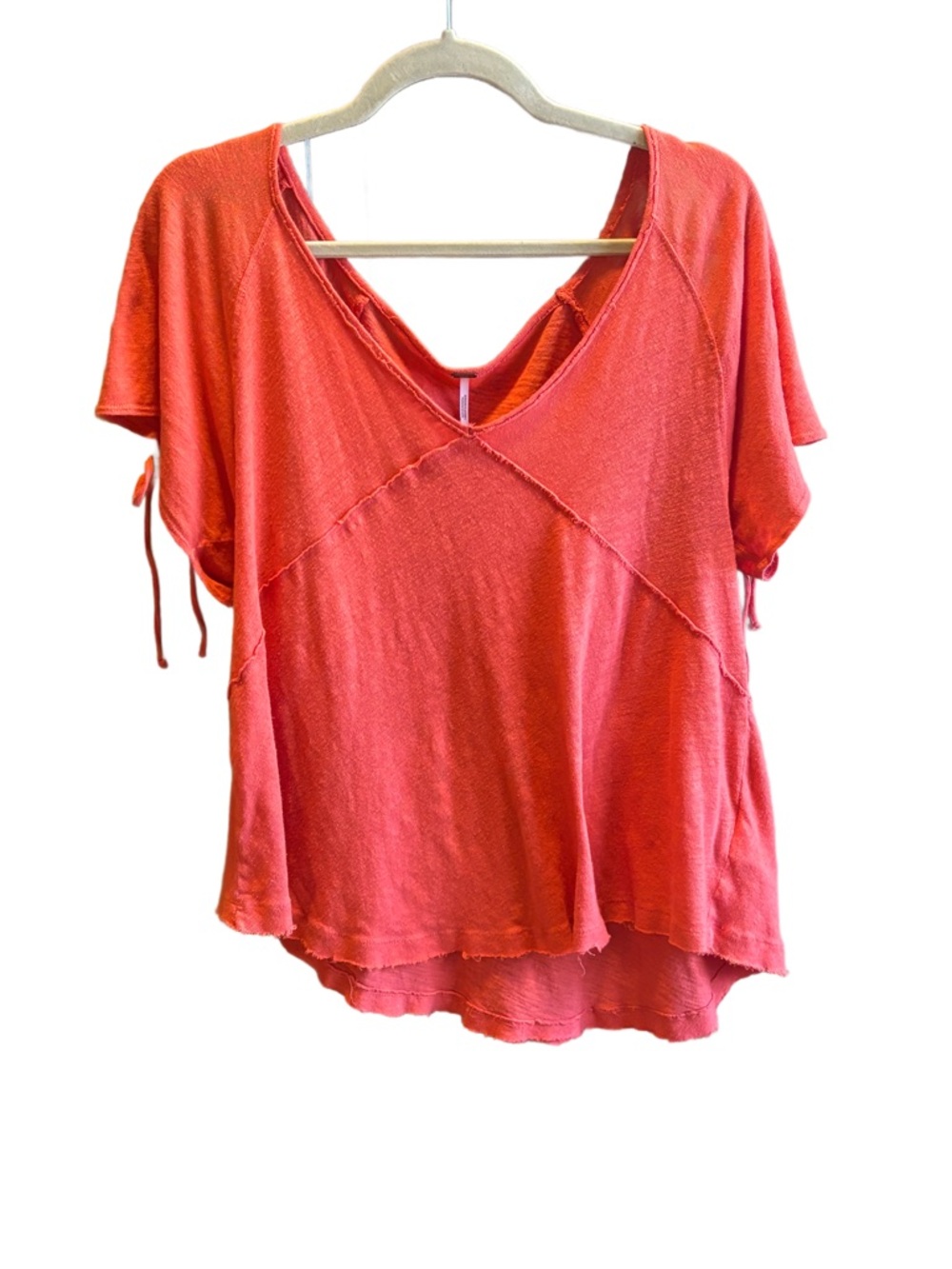 Free People Coral/ Orange  Linen & Cotton Blend Cutout Sleeve Boho Top XS